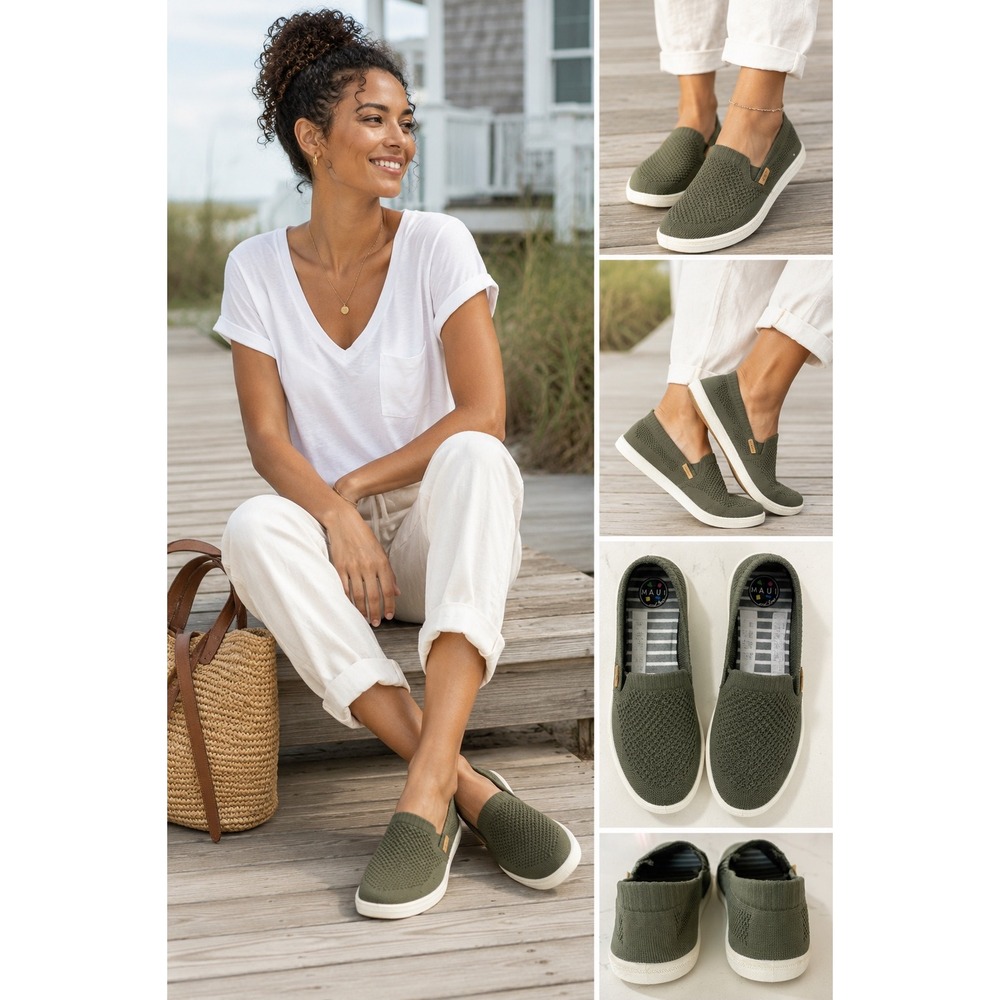 Olive Knit Slip On Comfort Shoes Womens 7 1/2 Coastal Athleisure Maui